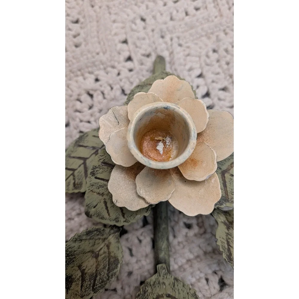 Vintage Metal Rose Floral Taper Candle Holders Pair Green Cream 9x6 Cottagecore